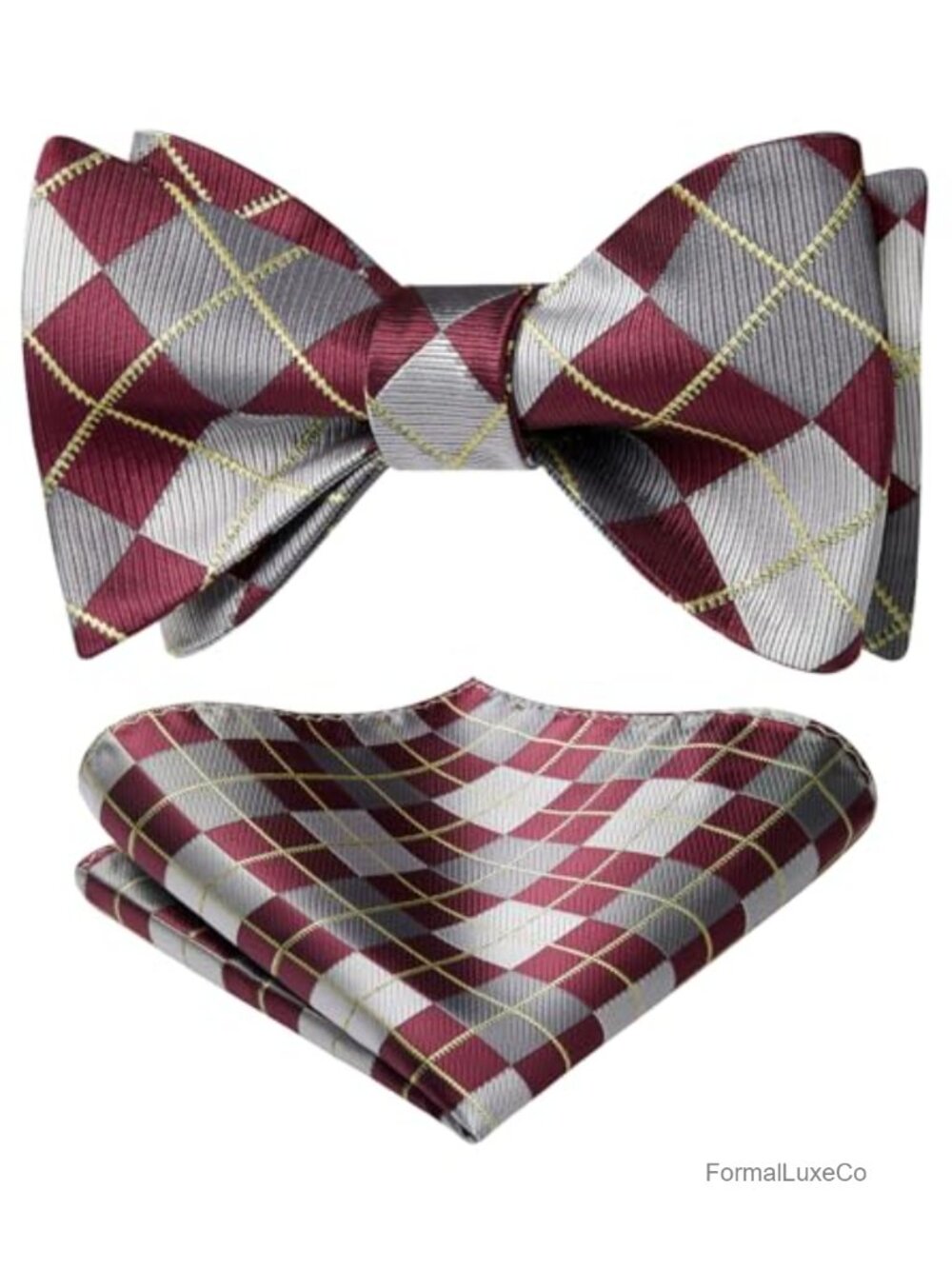 Men's Self Tie Check Plaid Bow Tie & Pocket Square Set Formal Tuxedo Wedding